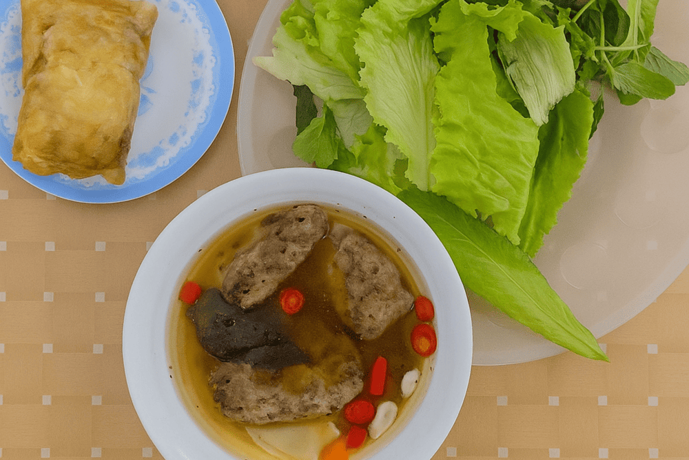 Nem Cua Be is a crispy, fried spring roll filled with a savory mixture of fresh crab meat and aromatic herbs, creating a perfect balance of flavors